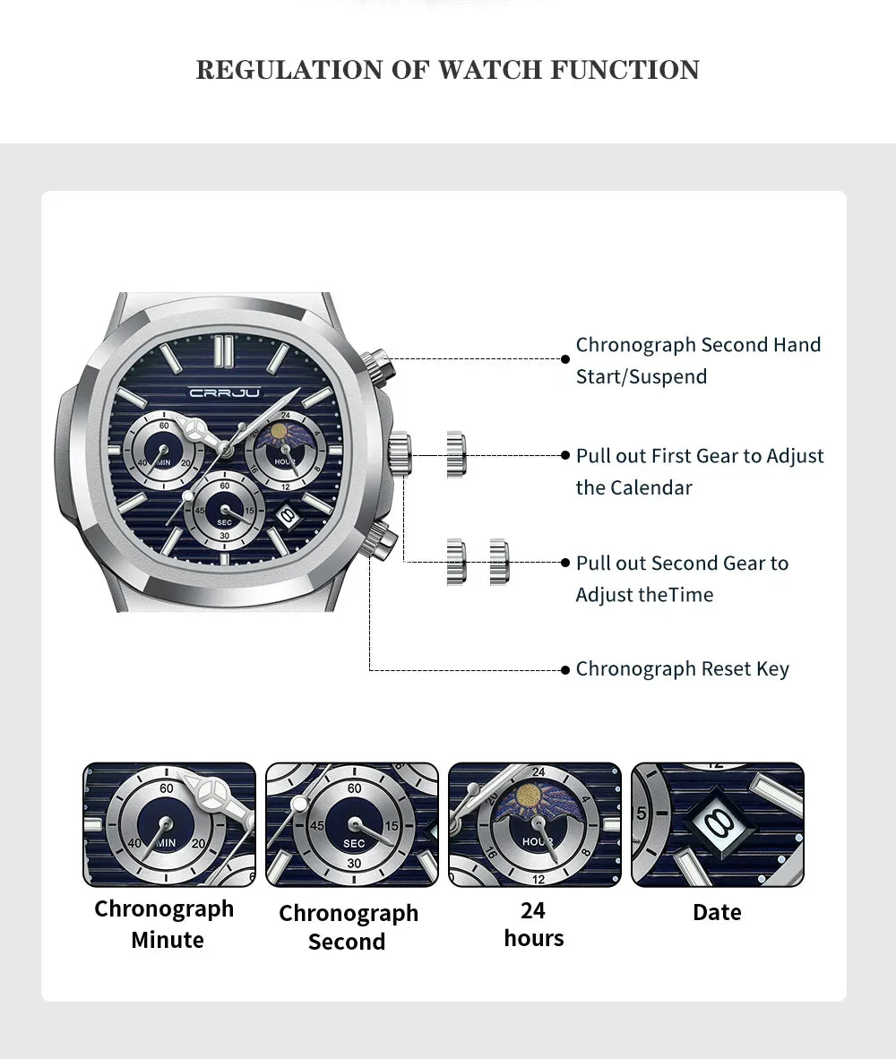 CRRJU Herrenuhr, wasserdicht, leuchtende Armbanduhr, Quarz-Edelstahluhr für Herren, Pilot-Top-Marke, Herrenuhren, Chronograph