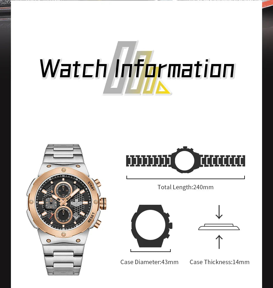 NAVIFORCE 2025, Herren-Quarzuhr, Sport-Militäruhr für Herren, wasserdicht, leuchtendes Datum, Chronograph, Edelstahl, Herrenuhren