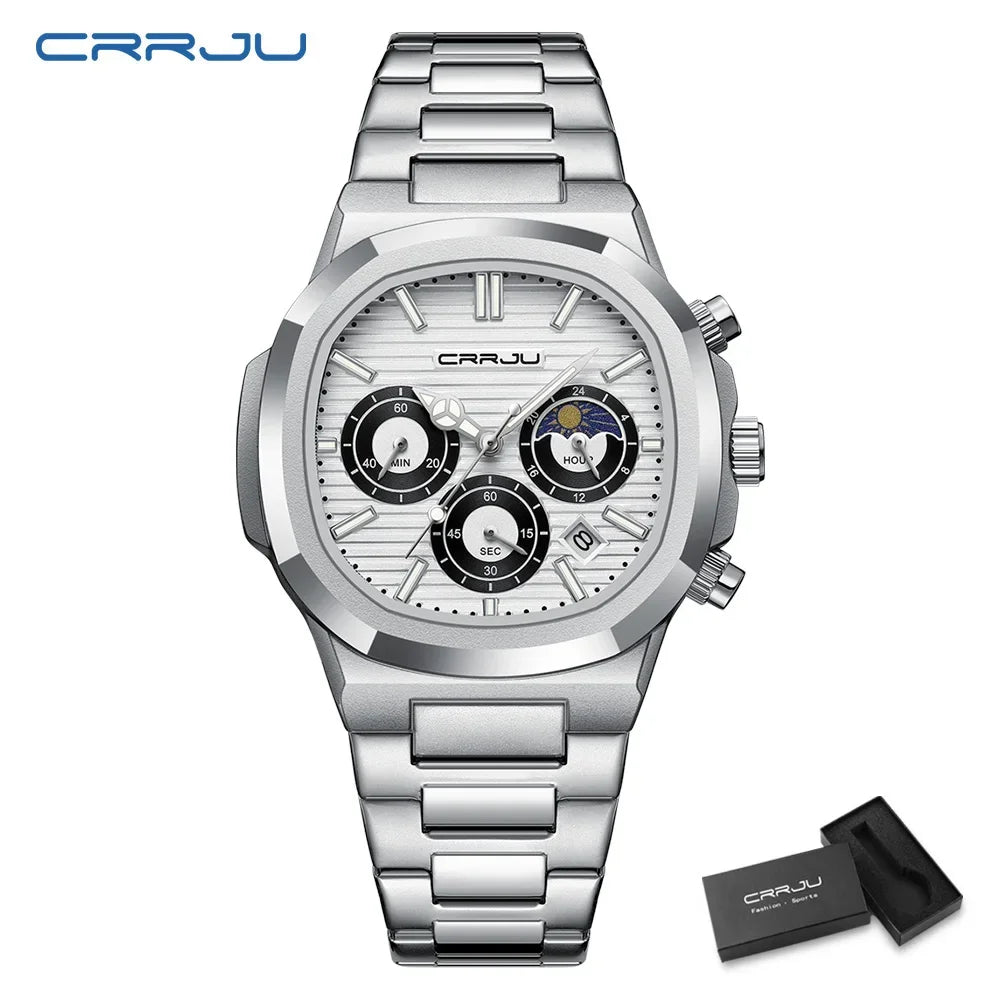 CRRJU Herrenuhr, wasserdicht, leuchtende Armbanduhr, Quarz-Edelstahluhr für Herren, Pilot-Top-Marke, Herrenuhren, Chronograph
