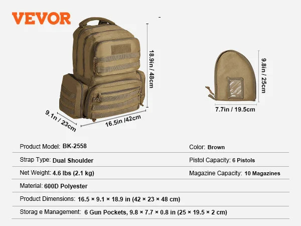 VEVOR Pistolentasche, Gewehrtasche, Pistolentaschen für 6 Pistolen, Pistolenrucksack mit 6 unabhängigen Pistolentaschen & 10 Magazinen, Pistolenrucksack für Outdoor-Jagd, Abschließbare Tasche, Braun
