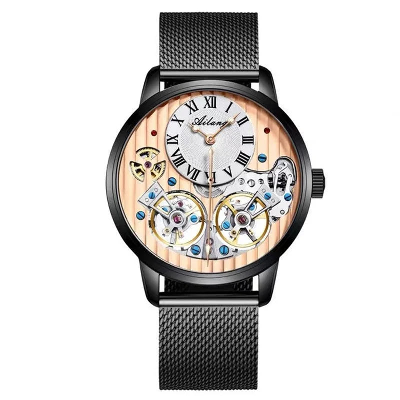 AILANG Top Marke Luxus Uhr Männer Automatische Leucht Schwarz Uhr Männer Doppel Tourbillon Wasserdichte Mechanische Uhr Relogio