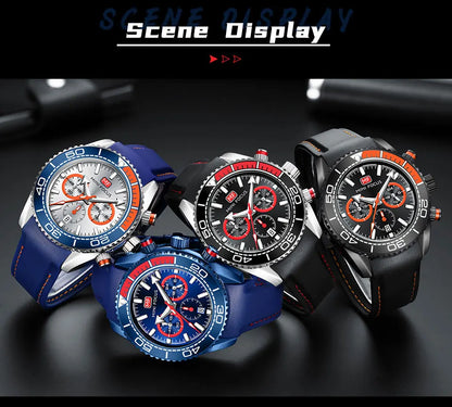 MINI FOCUS Chronograph Quarzuhren für Herren, modische Sport-Armbanduhr mit automatischem Datum, 24-Stunden-Anzeige, blaues Silikonarmband 0426