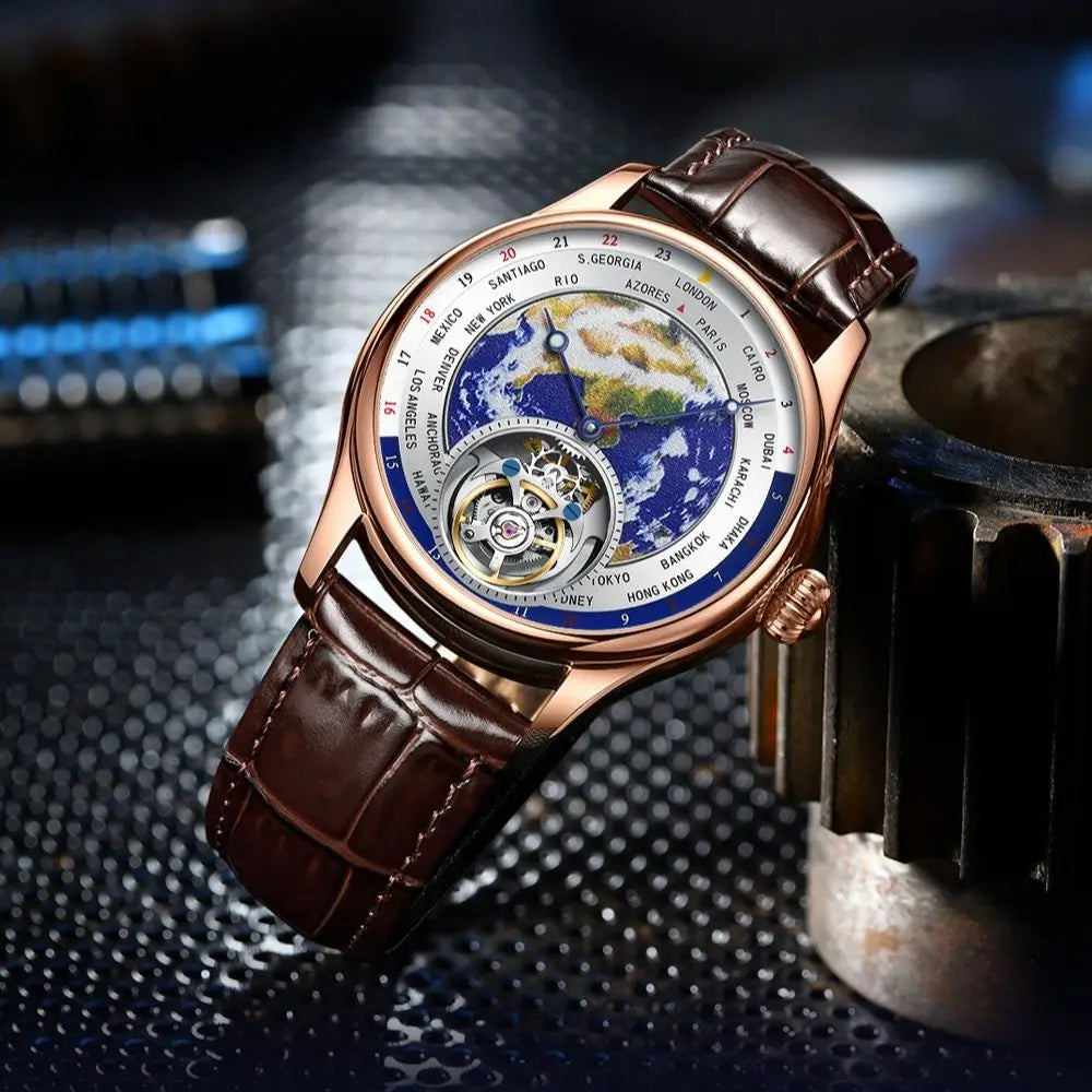 AESOP Diamond Luxury Flying Tourbillon Movement Watch For Men Earth Enamel Dial  Sapphire Skeleton Mechanical Watches Business A
