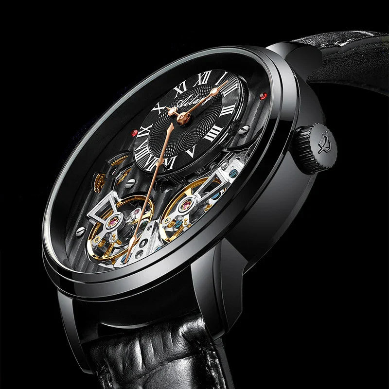 AILANG Top Marke Luxus Uhr Männer Automatische Leucht Schwarz Uhr Männer Doppel Tourbillon Wasserdichte Mechanische Uhr Relogio