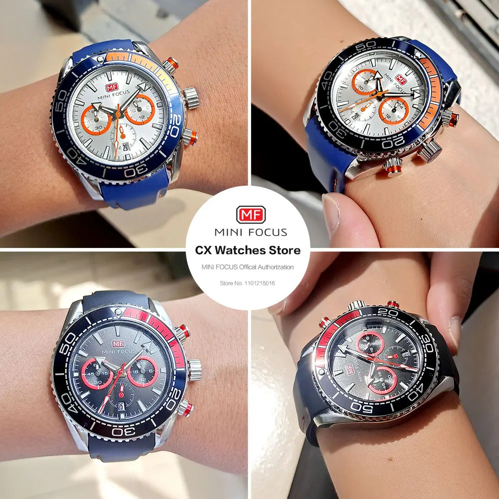 MINI FOCUS Chronograph Quarzuhren für Herren, modische Sport-Armbanduhr mit automatischem Datum, 24-Stunden-Anzeige, blaues Silikonarmband 0426