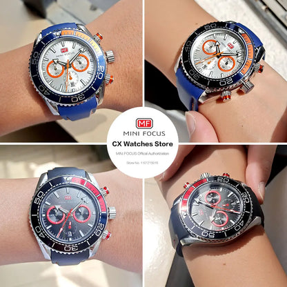 MINI FOCUS Chronograph Quarzuhren für Herren, modische Sport-Armbanduhr mit automatischem Datum, 24-Stunden-Anzeige, blaues Silikonarmband 0426