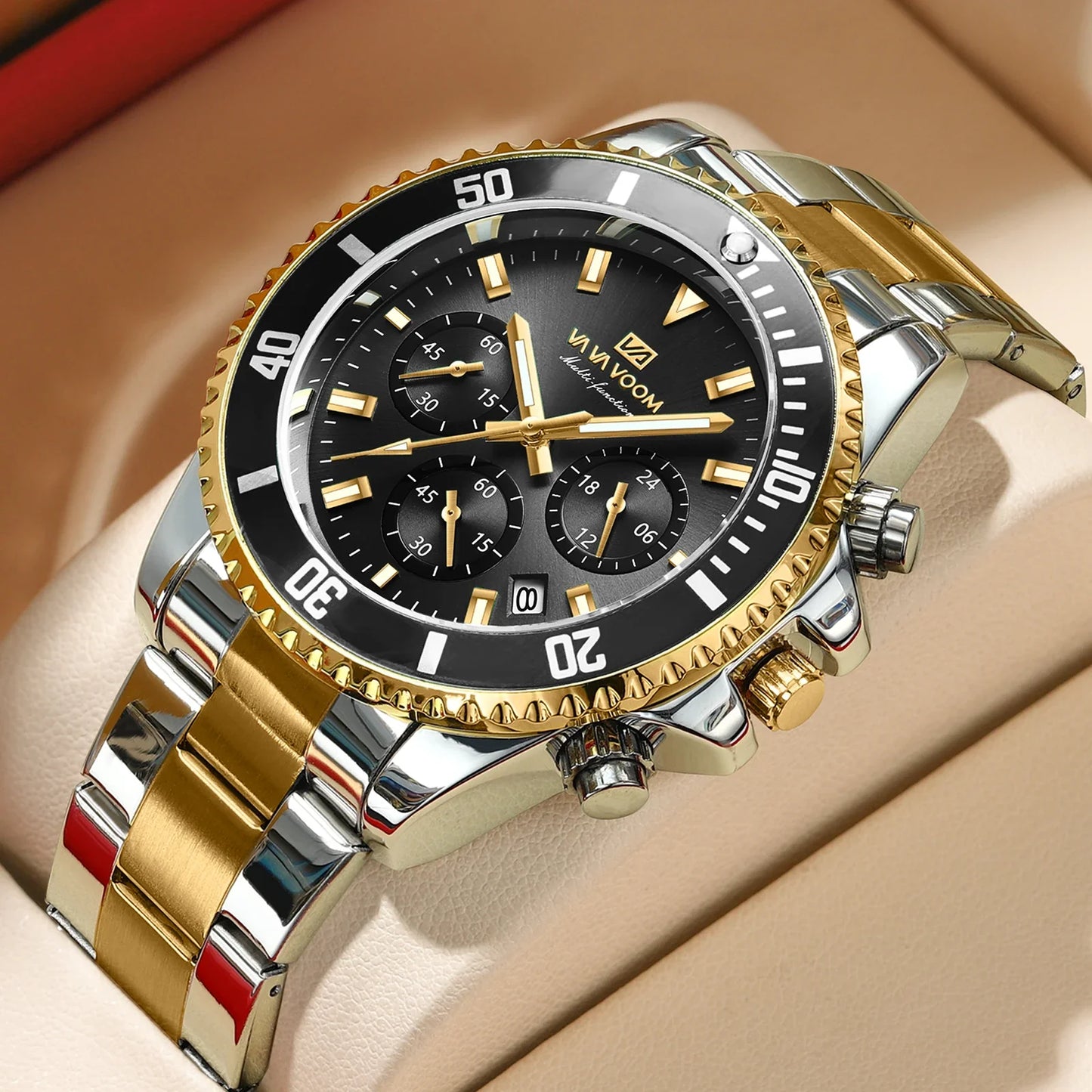 VA VA VOOM Marke Top Männer Uhr 1 Stück Multifunktionale Modische Timing Zifferblatt Grün Gold Edelstahl 3Bar Timing Uhr für Männer