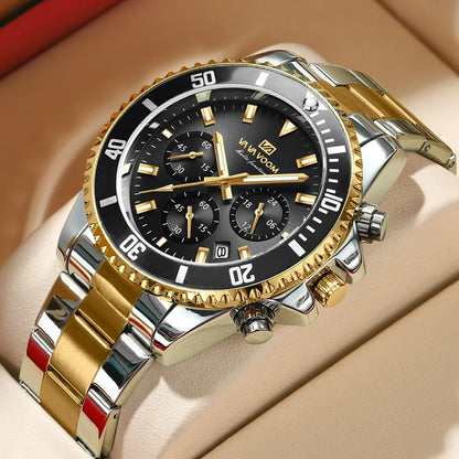 VA VA VOOM Marke Top Männer Uhr 1 Stück Multifunktionale Modische Timing Zifferblatt Grün Gold Edelstahl 3Bar Timing Uhr für Männer