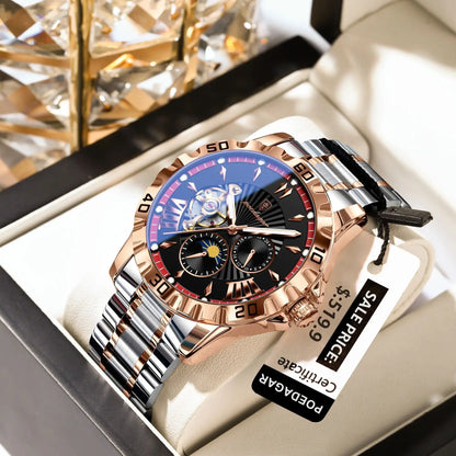 POEDAGAR Luxus Männer Uhr Hohl Tourbillon Automatische Mechanische Mann Uhr Wasserdicht Leucht Edelstahl herren Uhren + Box