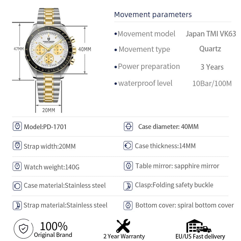 PAGANI DESIGN 2025, Silber, Gold, Mond, Luxus-Quarzuhren, Herren-Sport-Chronograph, Saphirglas, Edelstahluhr für Herren