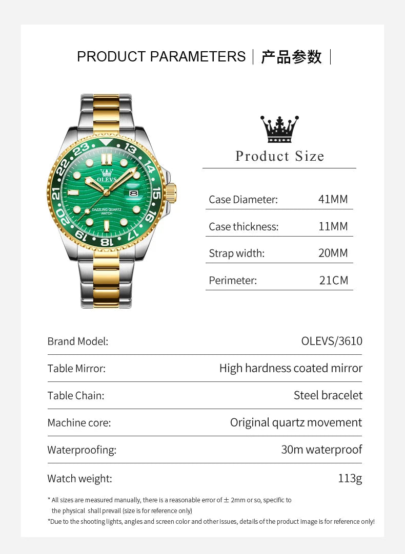 OLEVS 3610 Original Herrenuhren, luxuriös, wasserdicht, leuchtend, Herren-Armbanduhr, schlicht, Edelstahl, Business-Mode, klassische Uhr