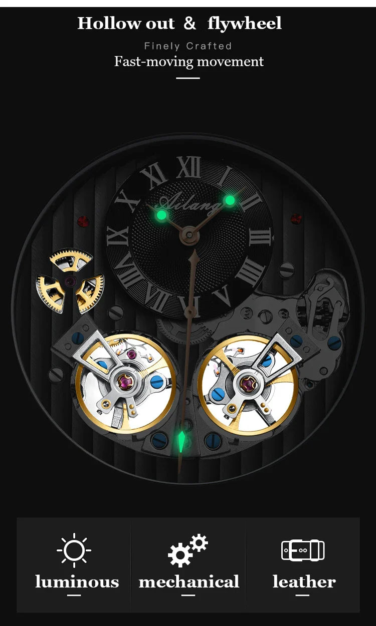 AILANG Top Marke Luxus Uhr Männer Automatische Leucht Schwarz Uhr Männer Doppel Tourbillon Wasserdichte Mechanische Uhr Relogio