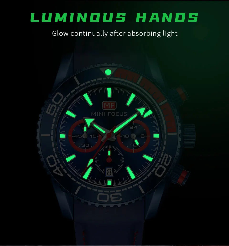 MINI FOCUS Chronograph Quarzuhren für Herren, modische Sport-Armbanduhr mit automatischem Datum, 24-Stunden-Anzeige, blaues Silikonarmband 0426