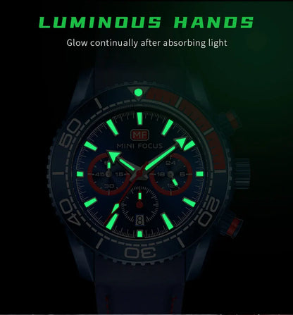MINI FOCUS Chronograph Quarzuhren für Herren, modische Sport-Armbanduhr mit automatischem Datum, 24-Stunden-Anzeige, blaues Silikonarmband 0426