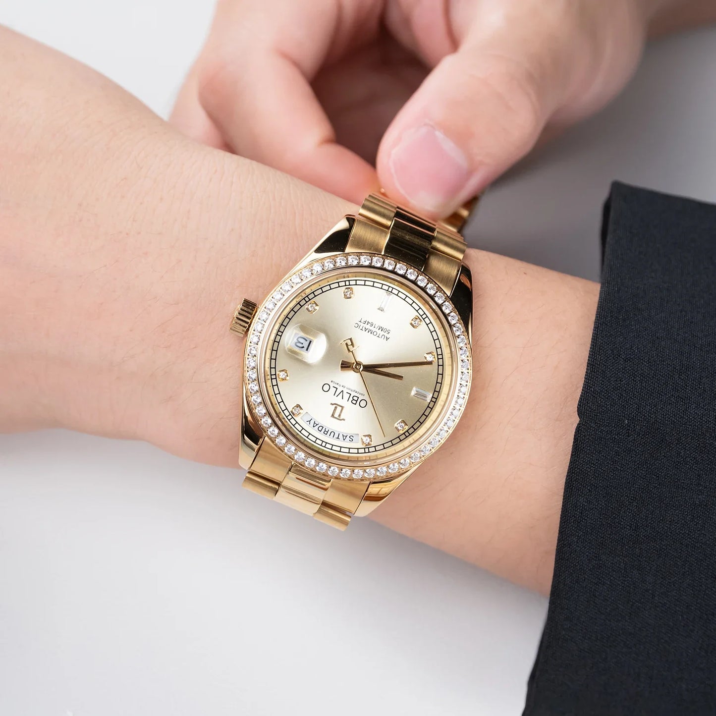 OBLVLO Men's Luxury Watch Yellow Gold White Dial Automatic Date Diamond Bezel Mechanical Bracelet Watches with Day RX-DD
