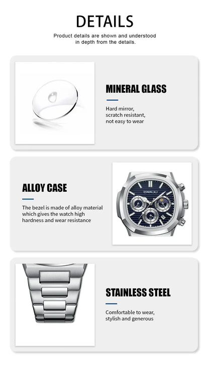 CRRJU Herrenuhr, wasserdicht, leuchtende Armbanduhr, Quarz-Edelstahluhr für Herren, Pilot-Top-Marke, Herrenuhren, Chronograph