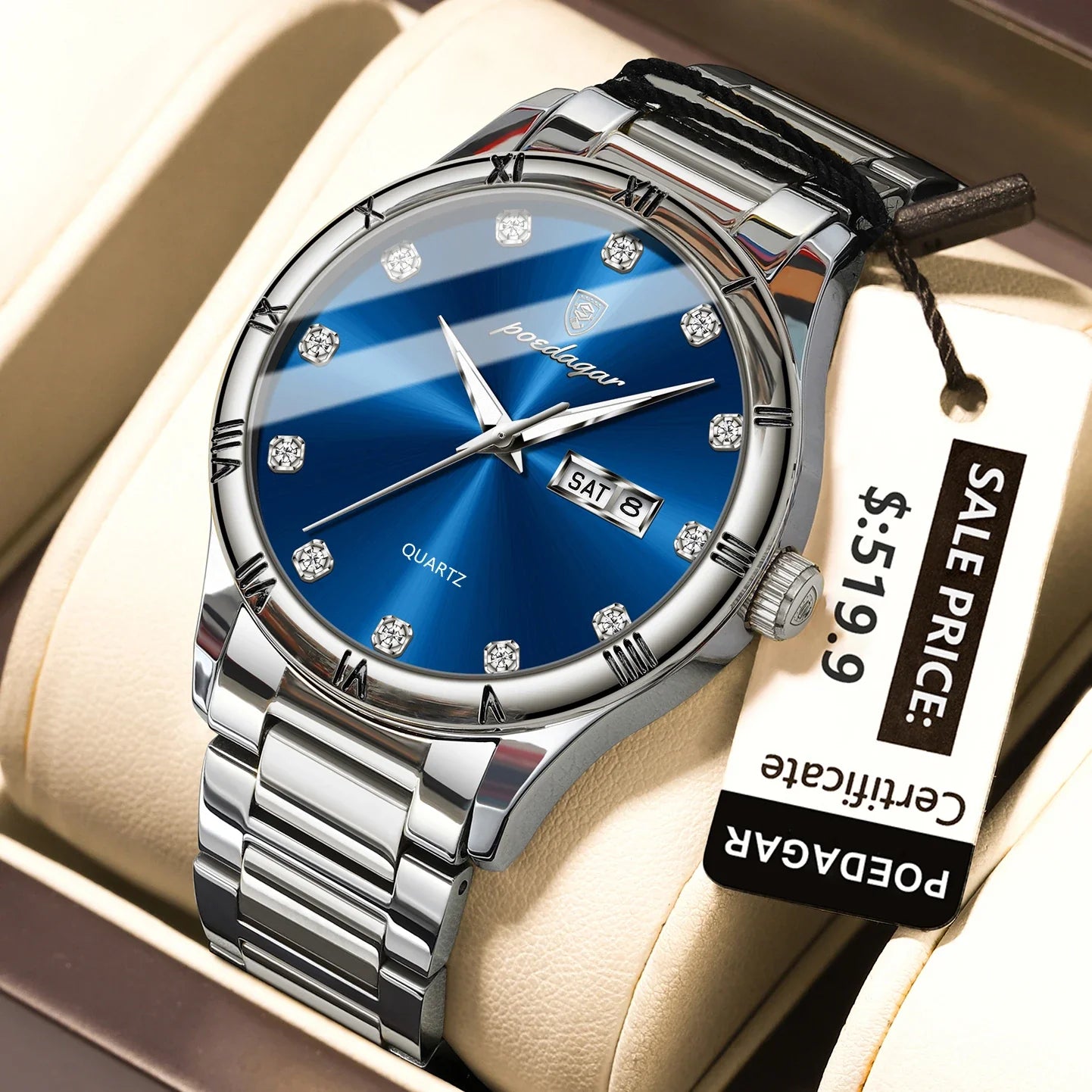 POEDAGAR Top Luxus Uhr Für Mann Datum Woche Wasserdicht Leucht Mann Armbanduhr Quarz Edelstahl herren Uhren Sport Reloj