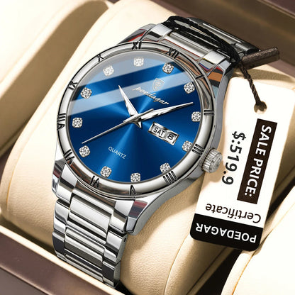 POEDAGAR Top Luxus Uhr Für Mann Datum Woche Wasserdicht Leucht Mann Armbanduhr Quarz Edelstahl herren Uhren Sport Reloj