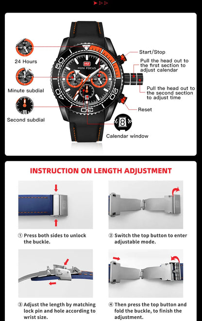 MINI FOCUS Chronograph Quarzuhren für Herren, modische Sport-Armbanduhr mit automatischem Datum, 24-Stunden-Anzeige, blaues Silikonarmband 0426