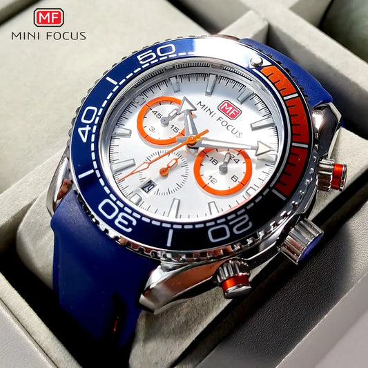 MINI FOCUS Chronograph Quartz Watches for Men, Fashionable Sports Wristwatch with Automatic Date, 24-Hour Display, Blue Silicone Strap 0426