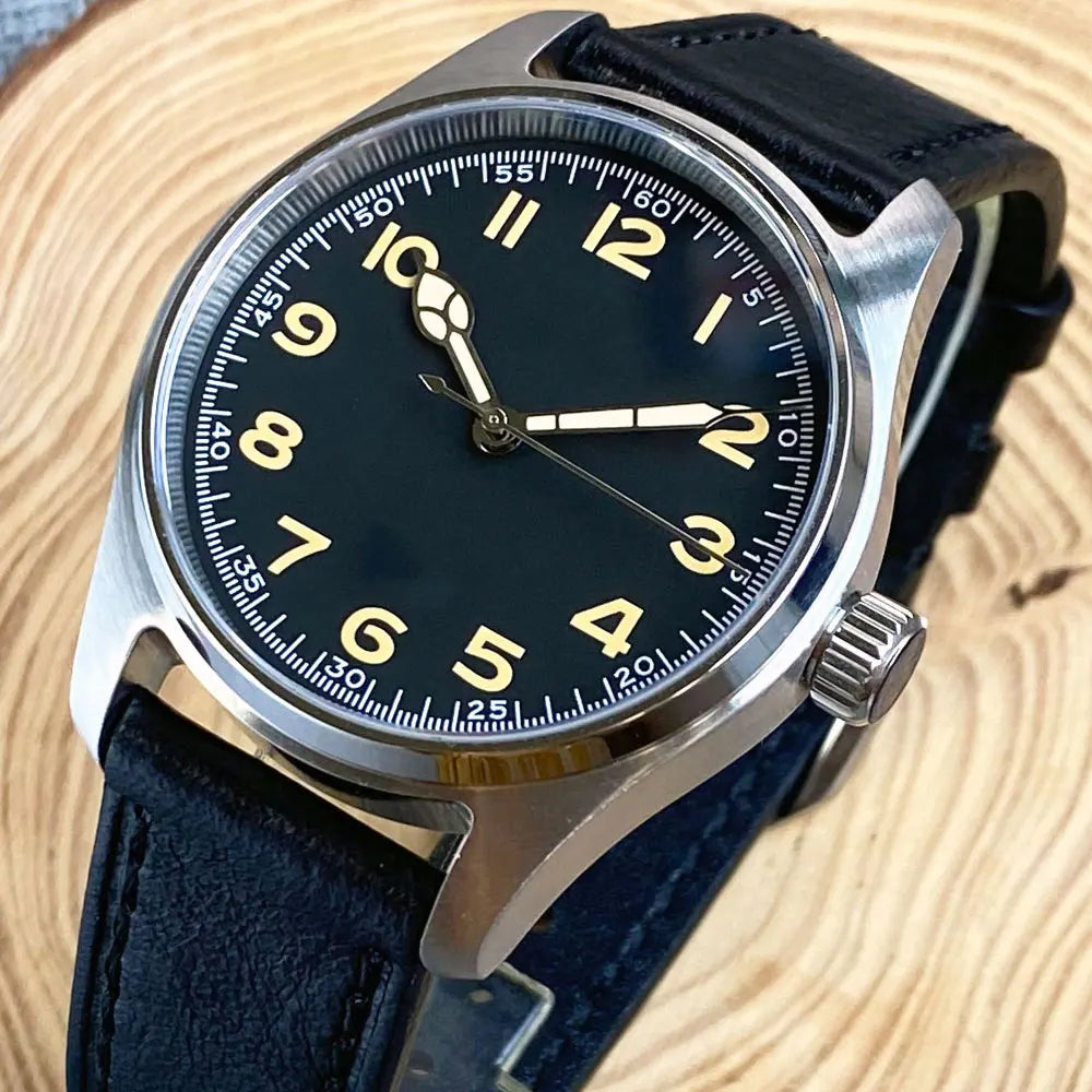 Tandorio 39 mm schwarzes Zifferblatt, Saphirglas, 20 ATM, Tauchen, NH35A PT5000, automatische Pilotenuhr, gebürstet, Herrenuhr, Lederarmband