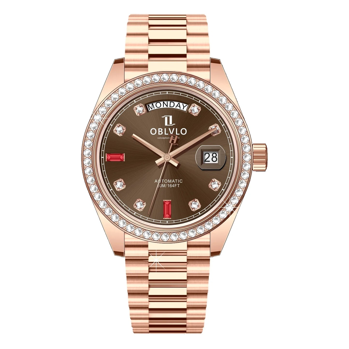 OBLVLO Men's Luxury Watch Yellow Gold White Dial Automatic Date Diamond Bezel Mechanical Bracelet Watches with Day RX-DD