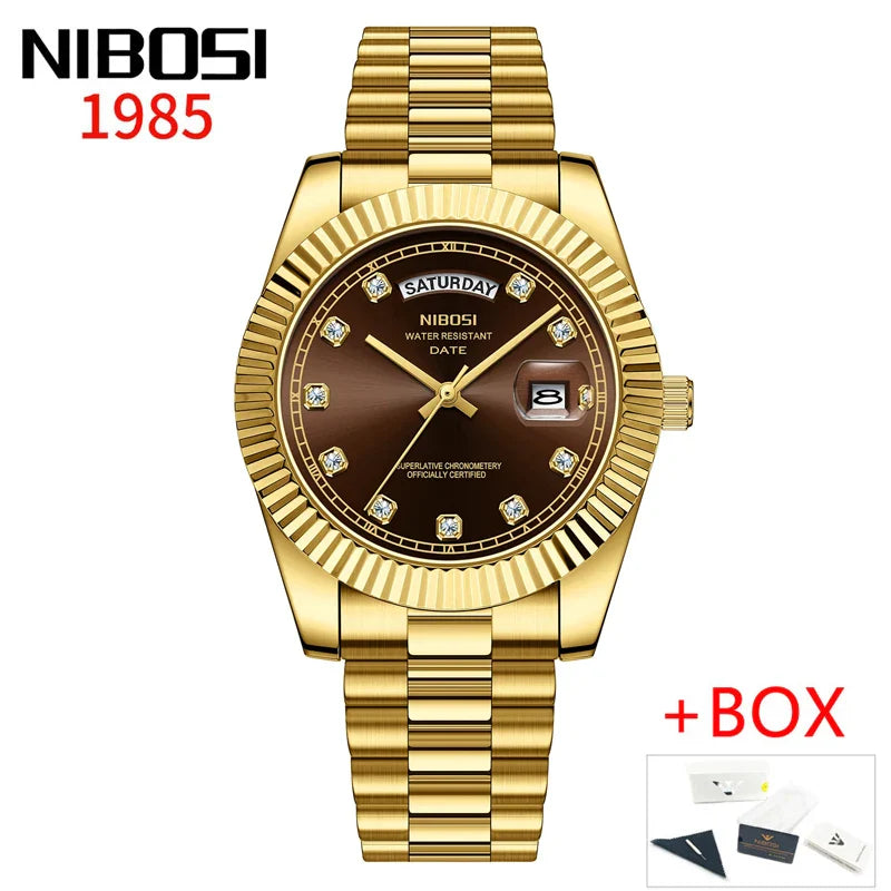 NIBOSI Luxus Gold Quarzuhr Männer Edelstahl Wasserdicht Leucht Datum Woche Mode Diamant Herren Uhren Relogio Masculino