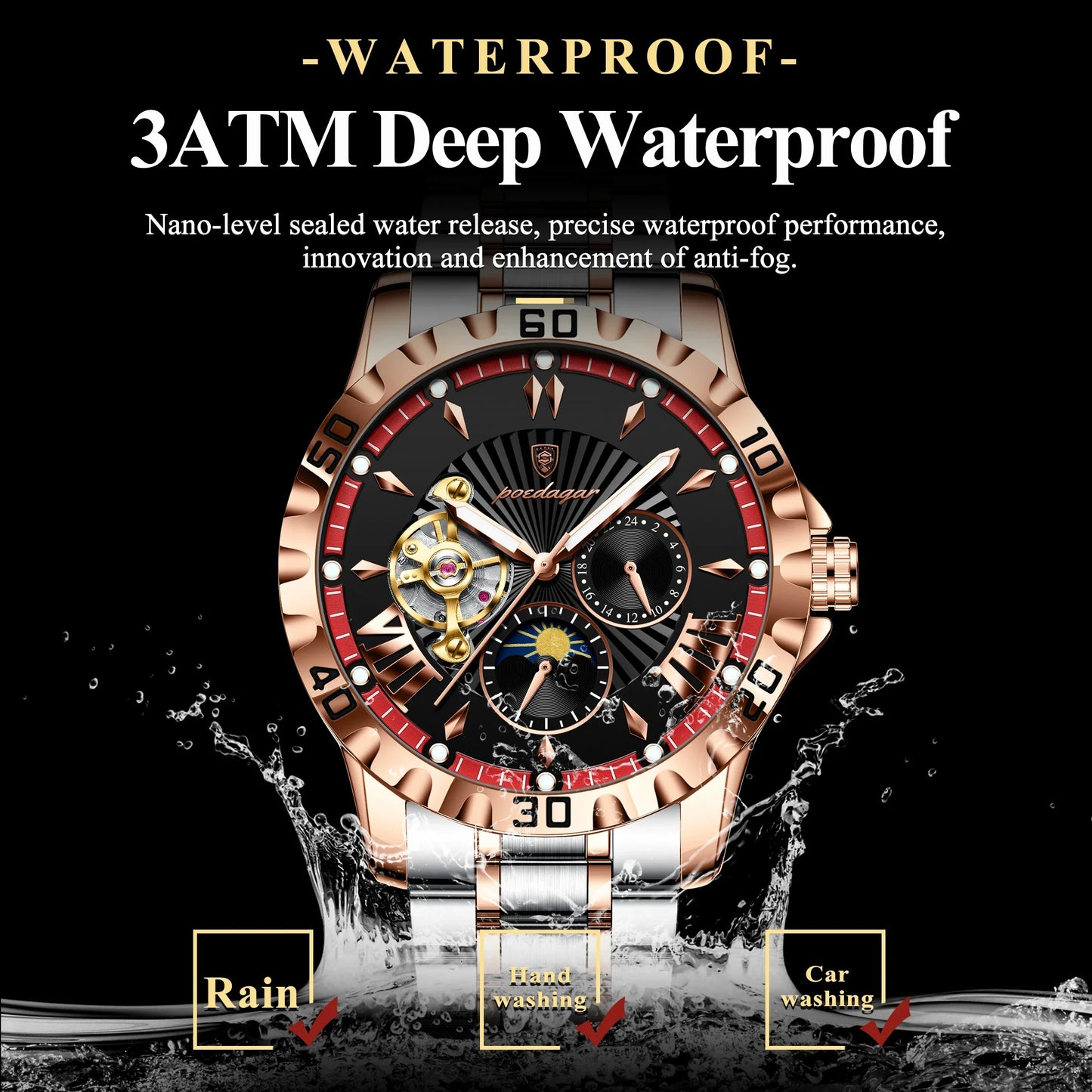 POEDAGAR Luxus Männer Uhr Hohl Tourbillon Automatische Mechanische Mann Uhr Wasserdicht Leucht Edelstahl herren Uhren + Box