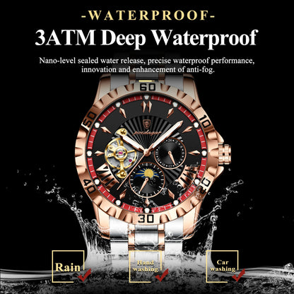 POEDAGAR Luxus Männer Uhr Hohl Tourbillon Automatische Mechanische Mann Uhr Wasserdicht Leucht Edelstahl herren Uhren + Box
