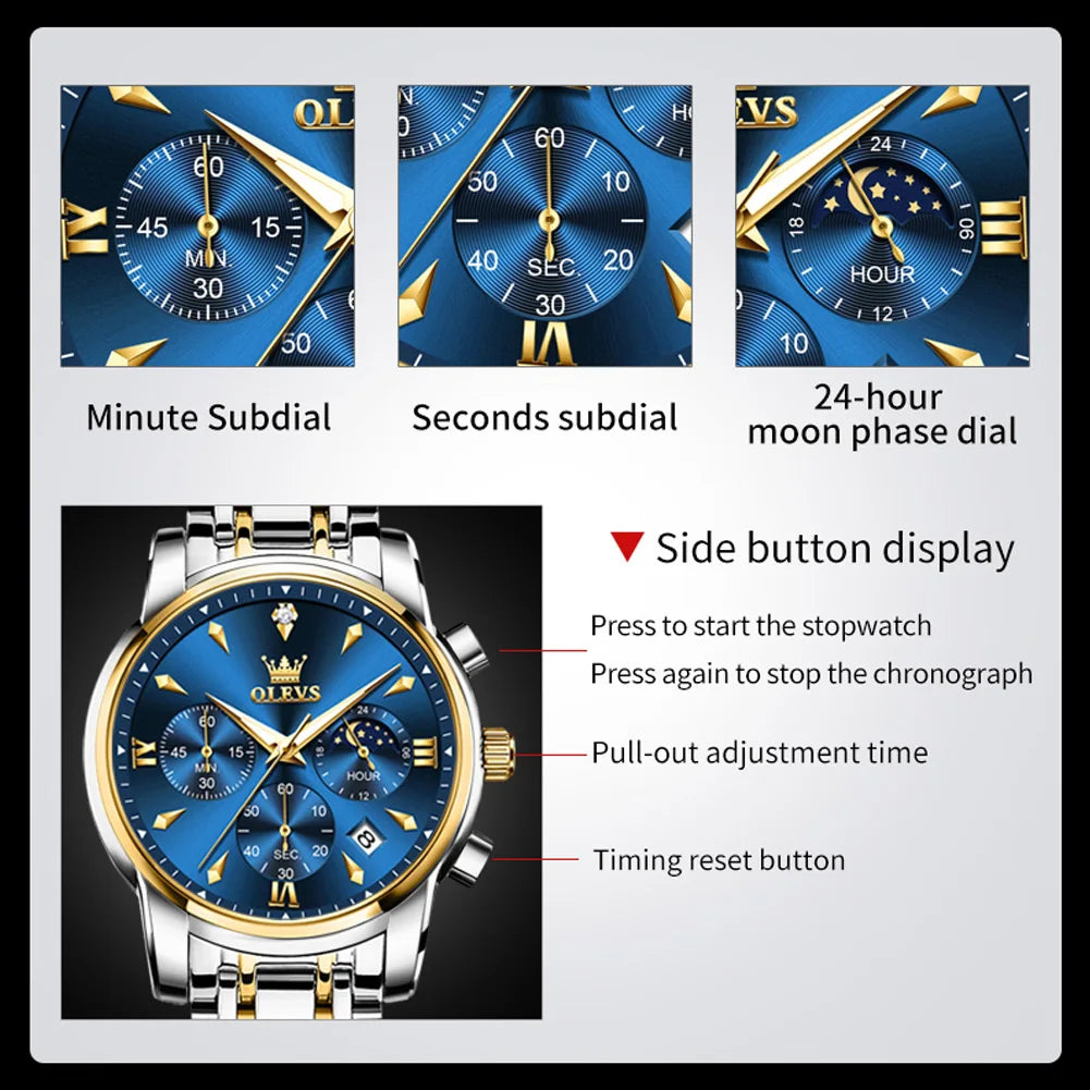 OLEVS 3639 Top Marke Original Luxus Neue Quarzuhr Edelstahl Uhr Für Männer Wasserdicht Leucht Mond Phase Herren Uhr
