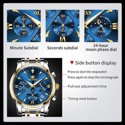 OLEVS 3639 Top Marke Original Luxus Neue Quarzuhr Edelstahl Uhr Für Männer Wasserdicht Leucht Mond Phase Herren Uhr