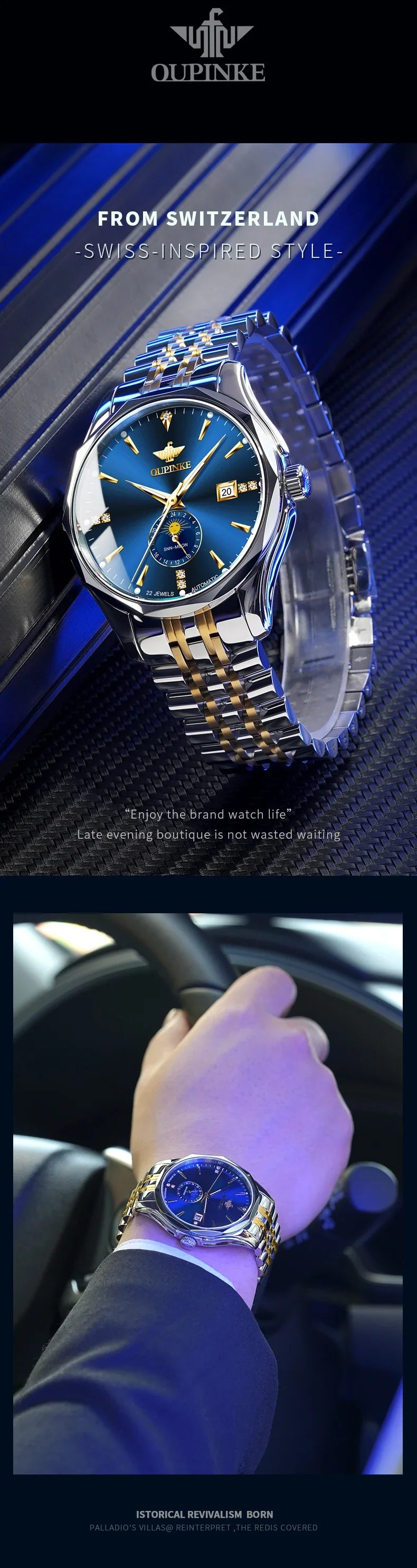 OUPINKE Automatische Herrenuhr, automatisches Datum, Mondphase, Chronograph, hochwertige Luxus-Diamant-Armbanduhr für Herren, NEU 3275