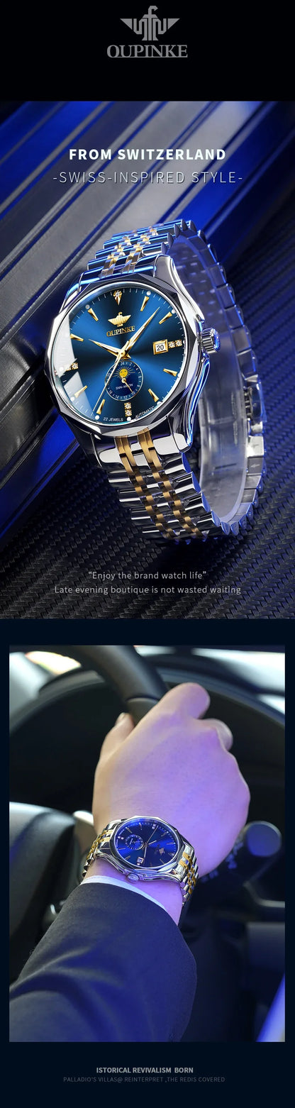 OUPINKE Automatische Herrenuhr, automatisches Datum, Mondphase, Chronograph, hochwertige Luxus-Diamant-Armbanduhr für Herren, NEU 3275