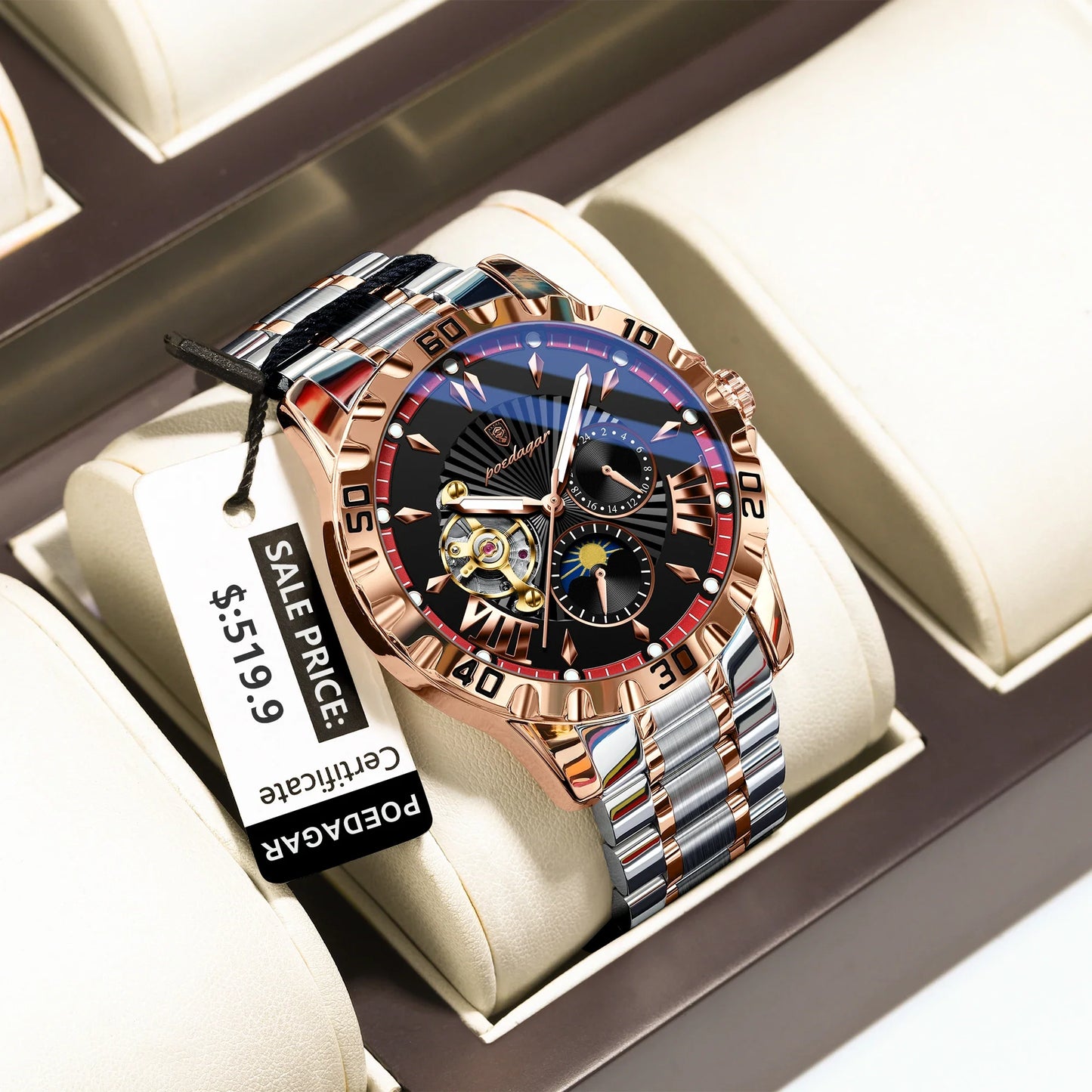 POEDAGAR Luxus Männer Uhr Hohl Tourbillon Automatische Mechanische Mann Uhr Wasserdicht Leucht Edelstahl herren Uhren + Box
