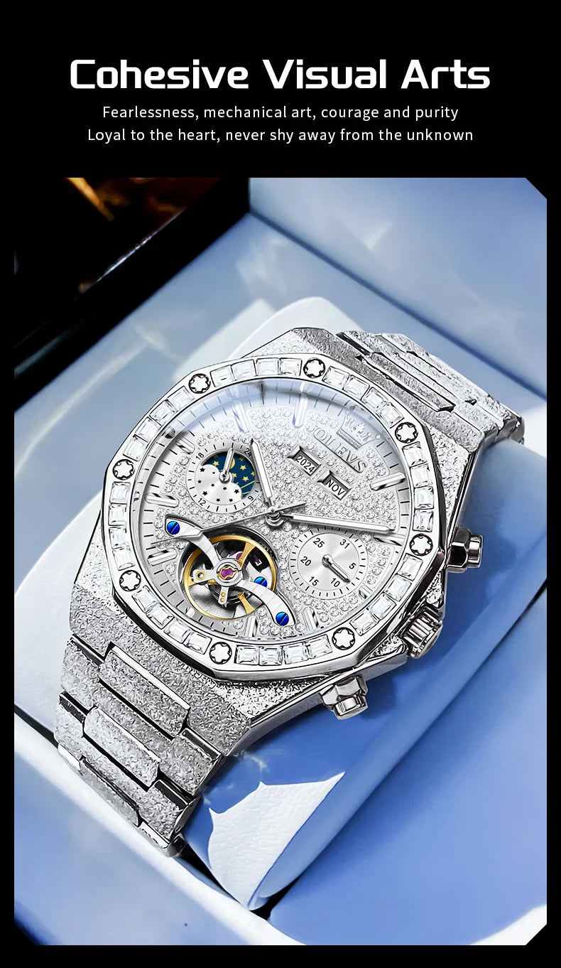 OLEVS Gold Stahl Herren Uhren Top Marke Automatische Mechanische Luxus Uhr Sport Wasserdicht Tourbillon Armbanduhr Reloj Hombre