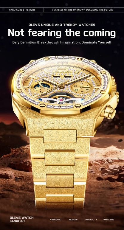 OLEVS Gold Stahl Herren Uhren Top Marke Automatische Mechanische Luxus Uhr Sport Wasserdicht Tourbillon Armbanduhr Reloj Hombre