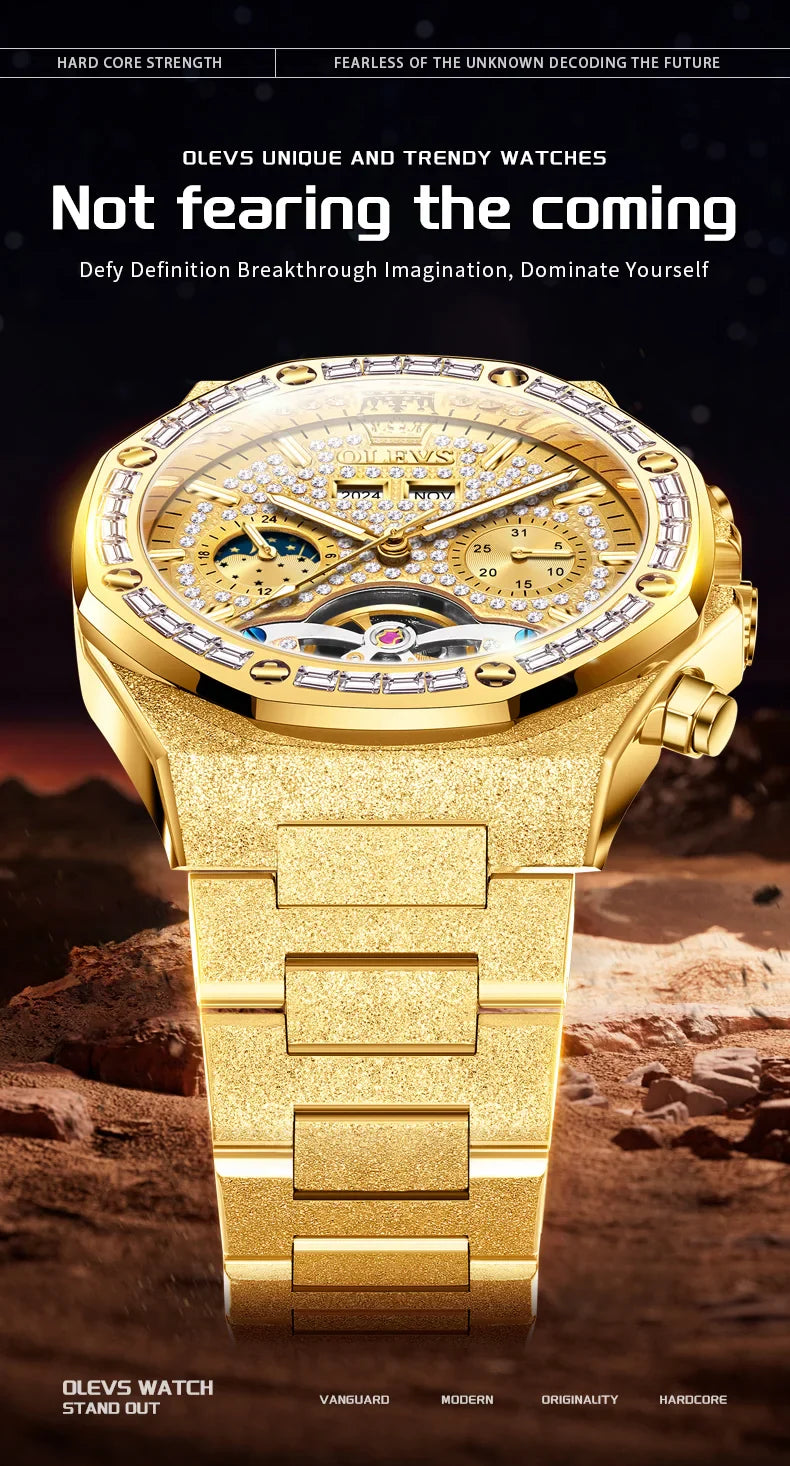 OLEVS Gold Stahl Herren Uhren Top Marke Automatische Mechanische Luxus Uhr Sport Wasserdicht Tourbillon Armbanduhr Reloj Hombre