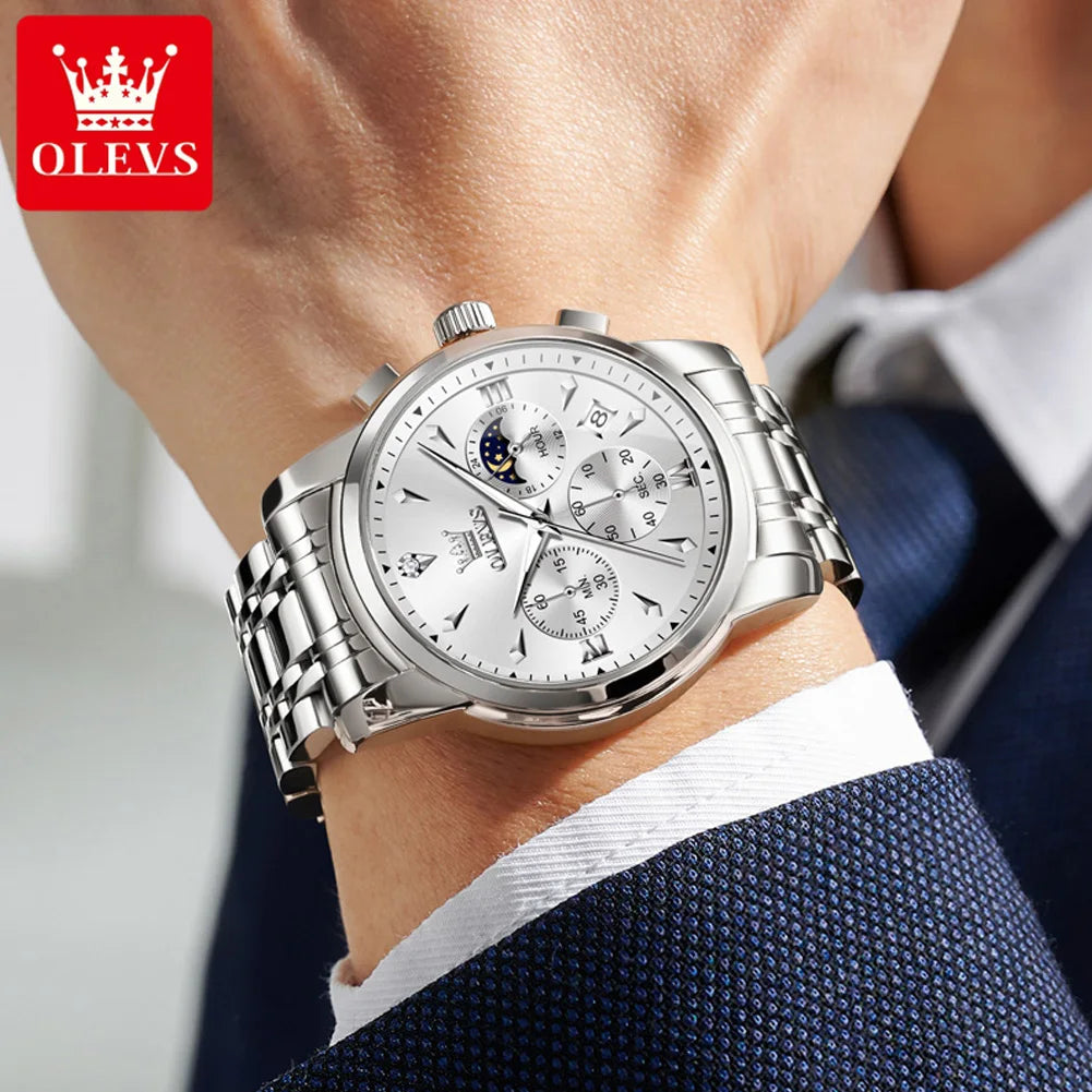 OLEVS 3639 Top Marke Original Luxus Neue Quarzuhr Edelstahl Uhr Für Männer Wasserdicht Leucht Mond Phase Herren Uhr