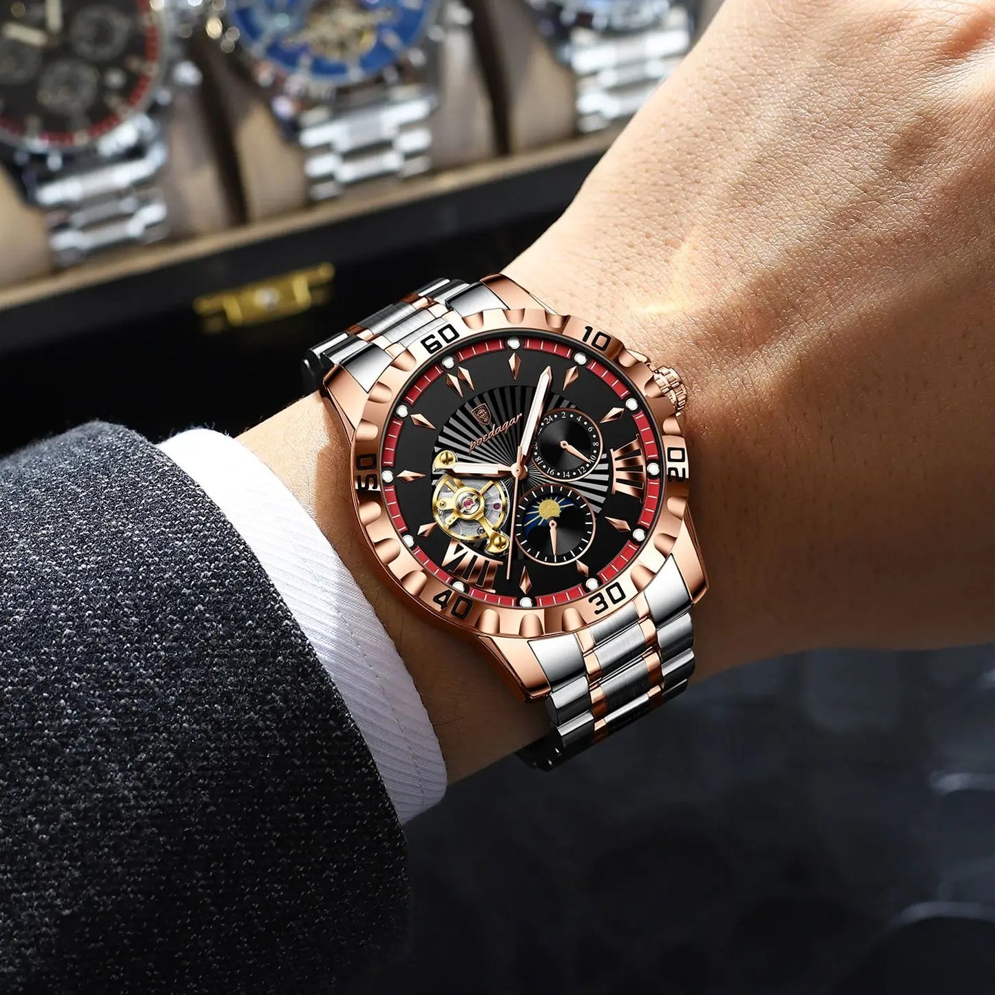 POEDAGAR Luxus Männer Uhr Hohl Tourbillon Automatische Mechanische Mann Uhr Wasserdicht Leucht Edelstahl herren Uhren + Box