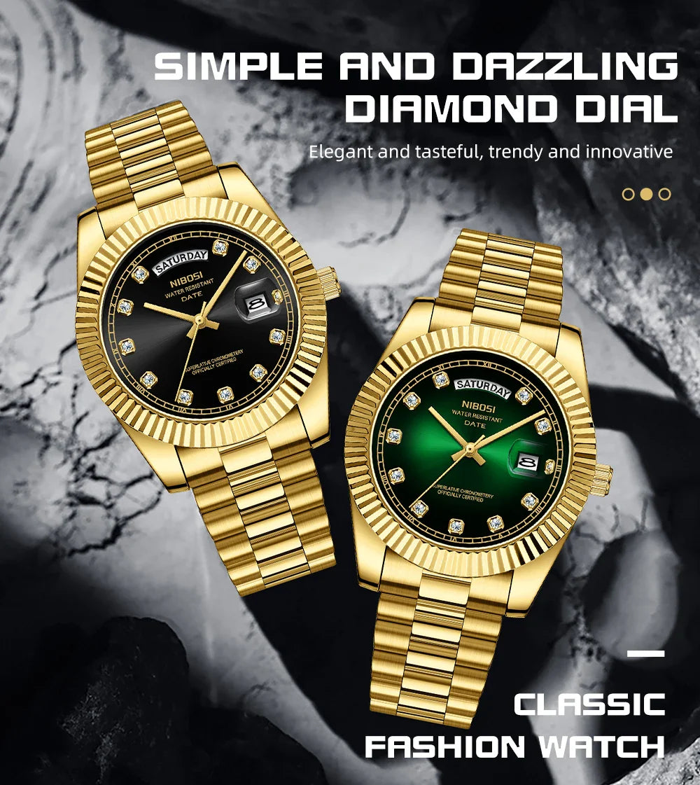 NIBOSI Luxus Gold Quarzuhr Männer Edelstahl Wasserdicht Leucht Datum Woche Mode Diamant Herren Uhren Relogio Masculino