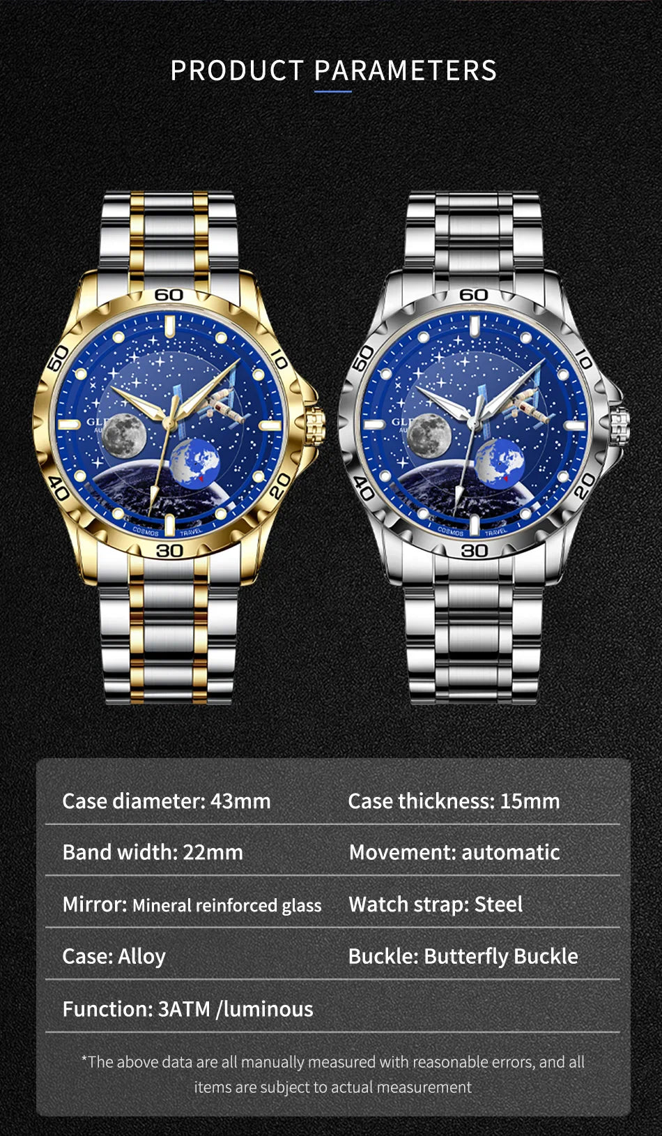 2025 NEUE GLENAW Männer Automatische Uhren Skeleton Starry Sky Mond Phase Leuchtende Wasserdichte Edelstahl Mechanische Uhr Männer