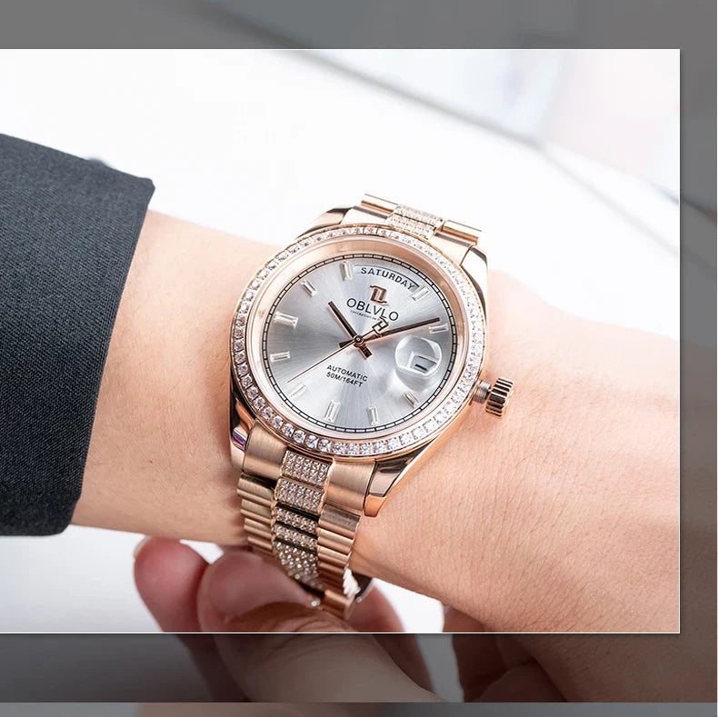 OBLVLO Men's Luxury Watch Yellow Gold White Dial Automatic Date Diamond Bezel Mechanical Bracelet Watches with Day RX-DD