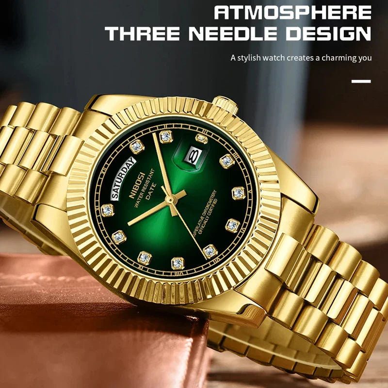 NIBOSI Luxus Gold Quarzuhr Männer Edelstahl Wasserdicht Leucht Datum Woche Mode Diamant Herren Uhren Relogio Masculino