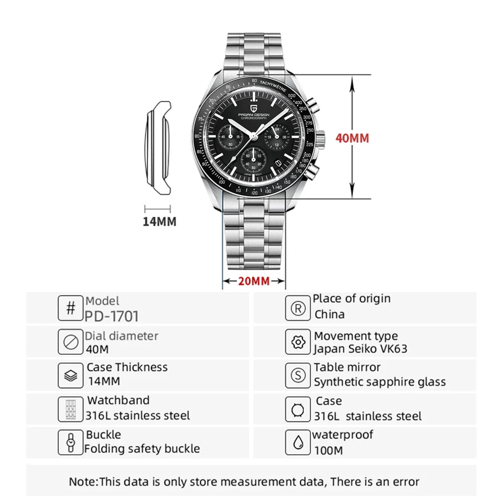 PAGANI DESIGN 2025, neue Monduhr, Retro-Luxus-Quarzuhren für Herren, Edelstahl, leuchtend, wasserdicht, Sport-Chronograph, Herren