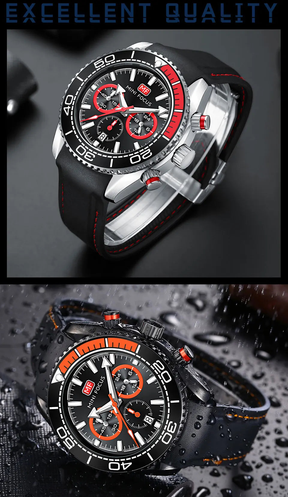 MINI FOCUS Chronograph Quarzuhren für Herren, modische Sport-Armbanduhr mit automatischem Datum, 24-Stunden-Anzeige, blaues Silikonarmband 0426