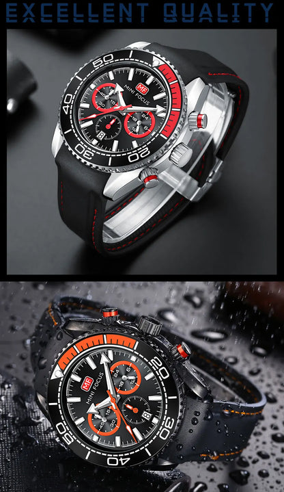 MINI FOCUS Chronograph Quarzuhren für Herren, modische Sport-Armbanduhr mit automatischem Datum, 24-Stunden-Anzeige, blaues Silikonarmband 0426