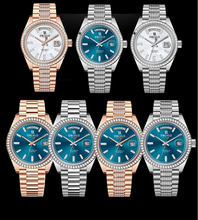 OBLVLO Men's Luxury Watch Yellow Gold White Dial Automatic Date Diamond Bezel Mechanical Bracelet Watches with Day RX-DD