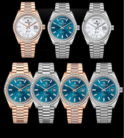 OBLVLO Men's Luxury Watch Yellow Gold White Dial Automatic Date Diamond Bezel Mechanical Bracelet Watches with Day RX-DD