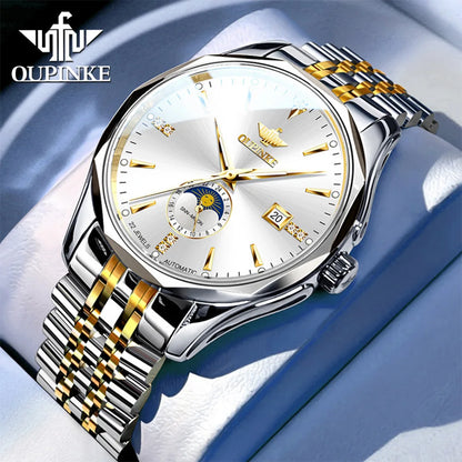 OUPINKE Automatische Herrenuhr, automatisches Datum, Mondphase, Chronograph, hochwertige Luxus-Diamant-Armbanduhr für Herren, NEU 3275