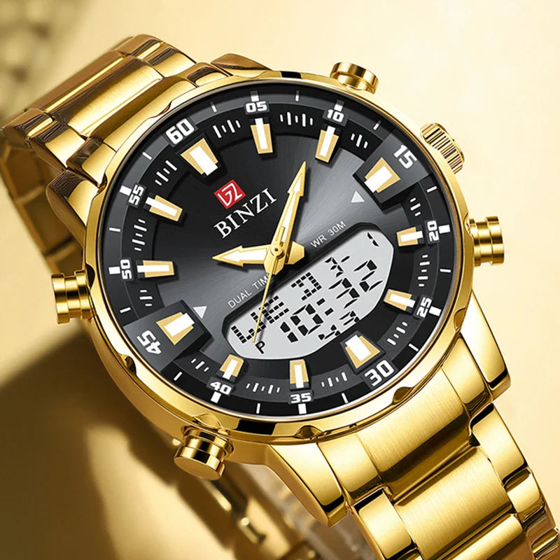 Top Marke Luxus Männer Armbanduhr Wasserdichte Sport Digitale Uhren Männer LED Stahl Militär Quarzuhr Gold farbe Große Zifferblatt Uhr